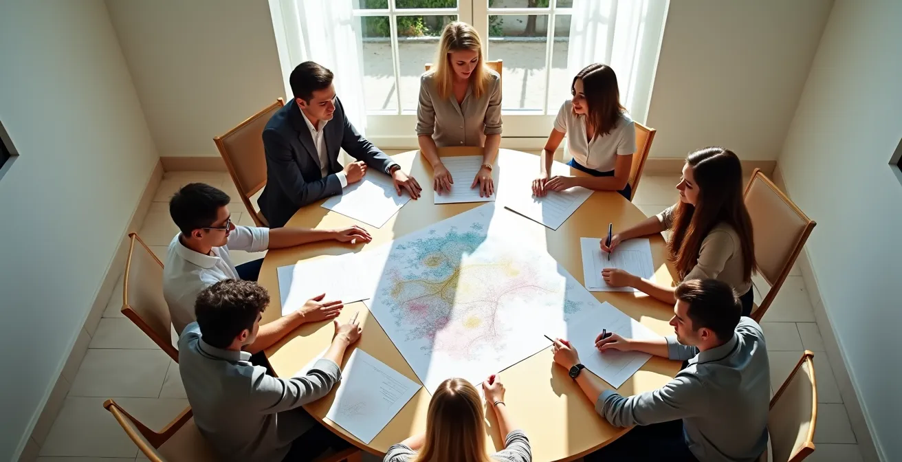 Profesionales españoles en sesión de análisis constructivo alrededor de mesa redonda