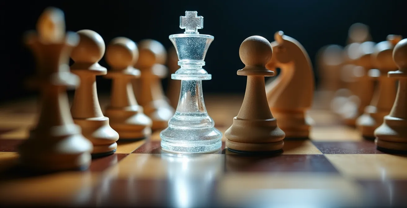 Vista macro de fichas de ajedrez donde una pieza tecnológica transparente desafía al rey tradicional