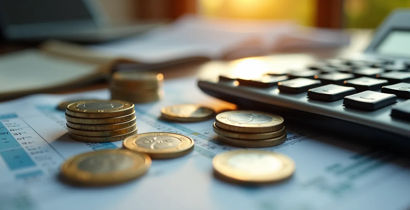 Calculadora y documentos financieros sobre mesa mostrando cálculo de cofinanciación FUNDAE