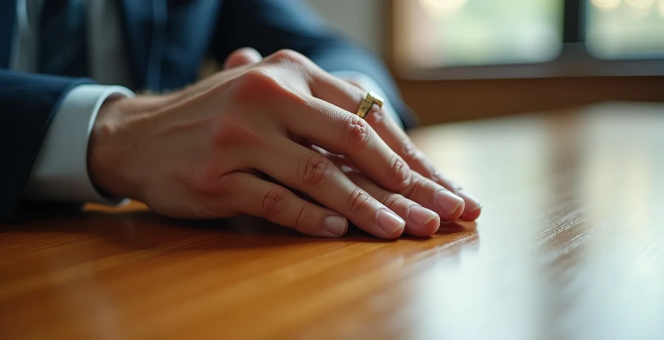 Detalle macro de manos ejecutivas sobre superficie de madera pulida con reflejos de luz natural, simbolizando liderazgo tangible y cercano