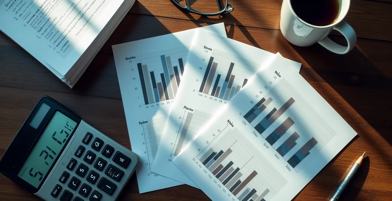 Vista cenital de escritorio con calculadora y documentos contables organizados