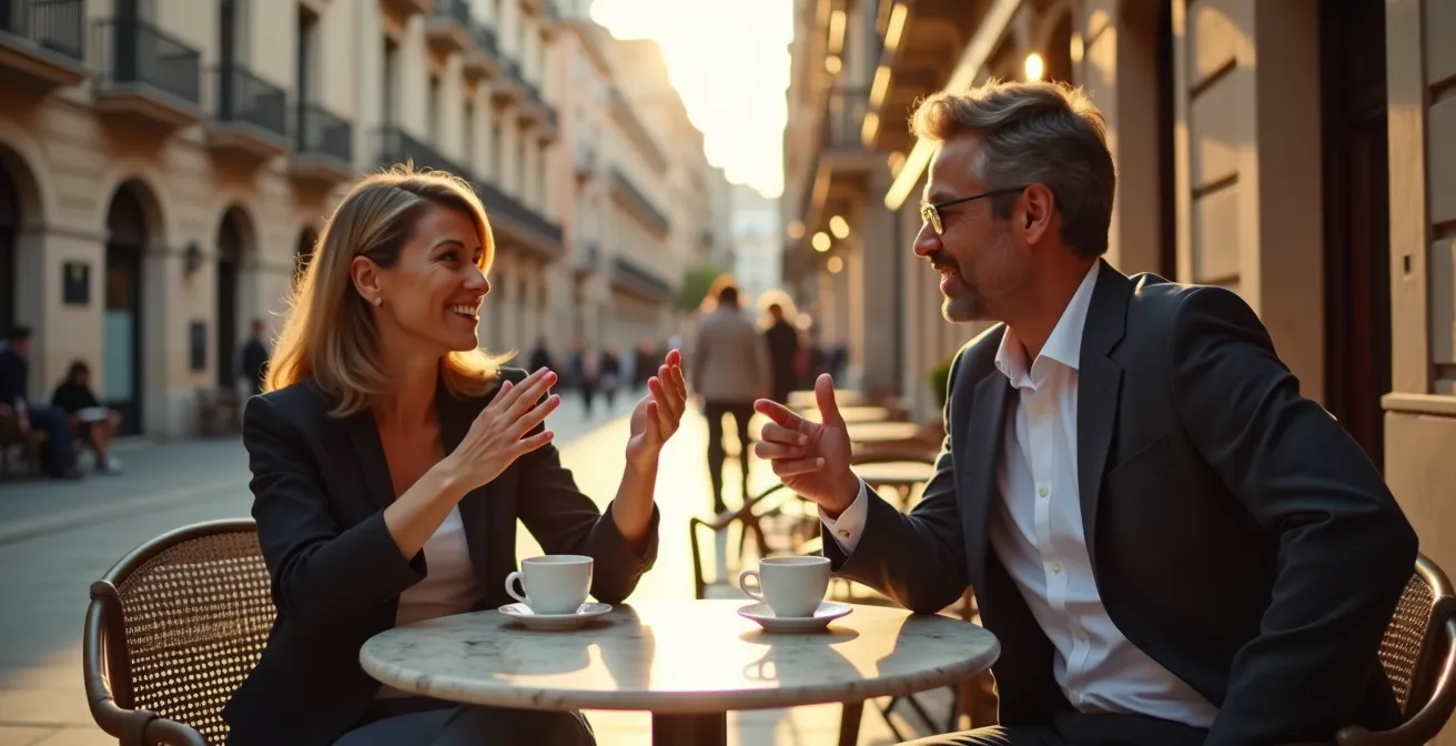Conversación informal de negocios entre ejecutivos españoles en ambiente de cafetería