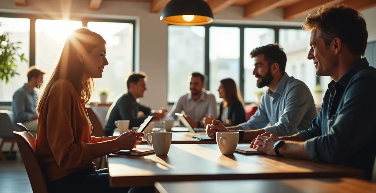 Profesionales españoles en sesión de microlearning con tablets y café en oficina luminosa