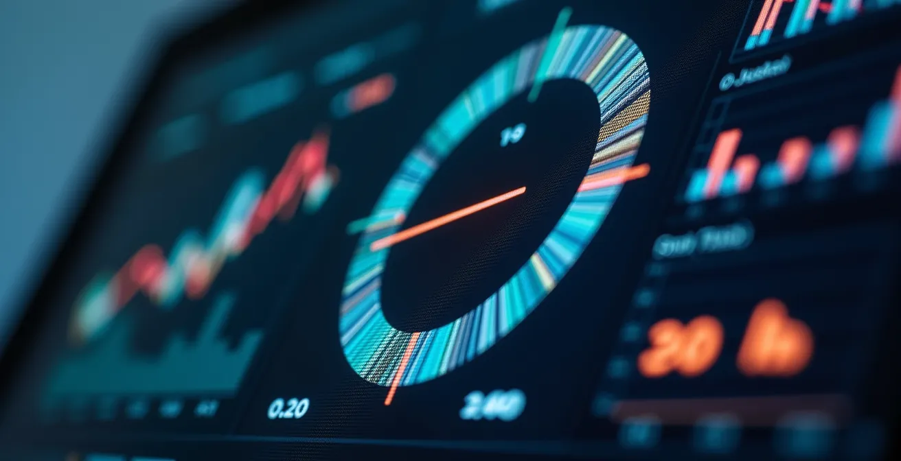 Vista macro de pantalla mostrando gráficos abstractos de KPIs con formas geométricas coloridas