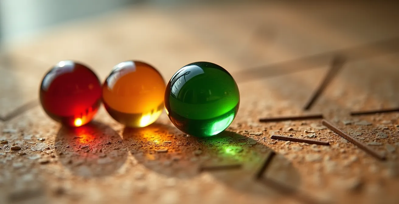 Vista macro de indicadores visuales coloridos en tablero de seguimiento