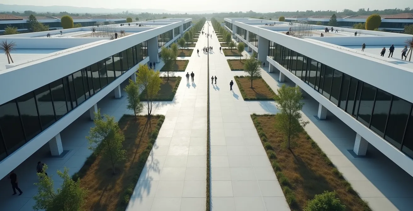 Vista aérea minimalista de una bifurcación de caminos empresariales con elementos tecnológicos y humanos