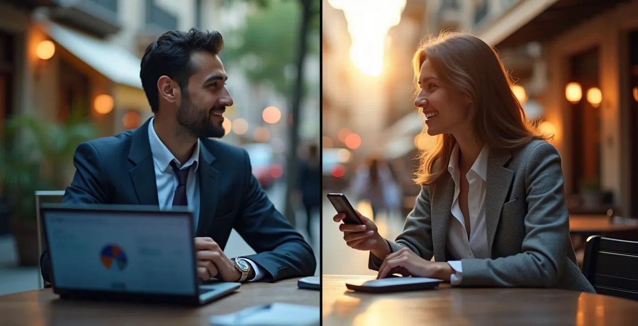 Profesional español usando LinkedIn en la oficina durante el día e Instagram en un momento personal de ocio.