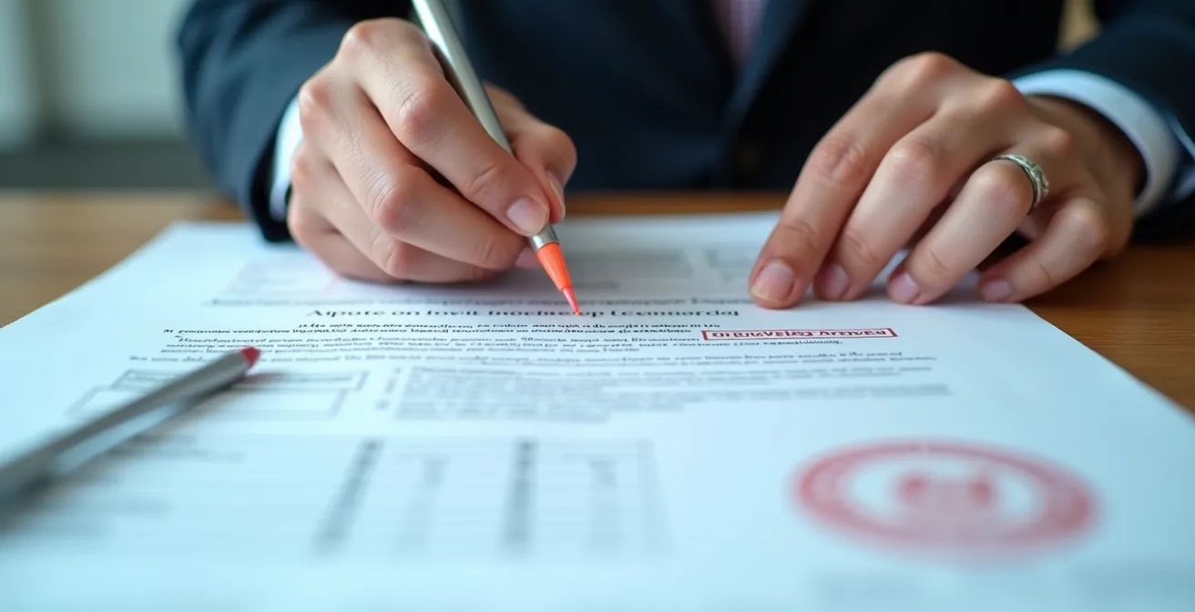 Manos revisando documentos fiscales con sello oficial en primer plano