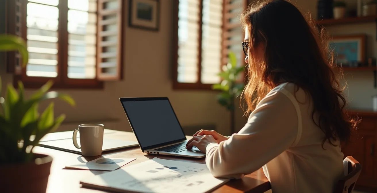 Espacio de trabajo remoto con métricas de rendimiento visualizadas de forma sutil