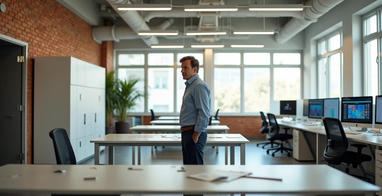 Profesional en oficina española mostrando transición de rol administrativo a analista de datos