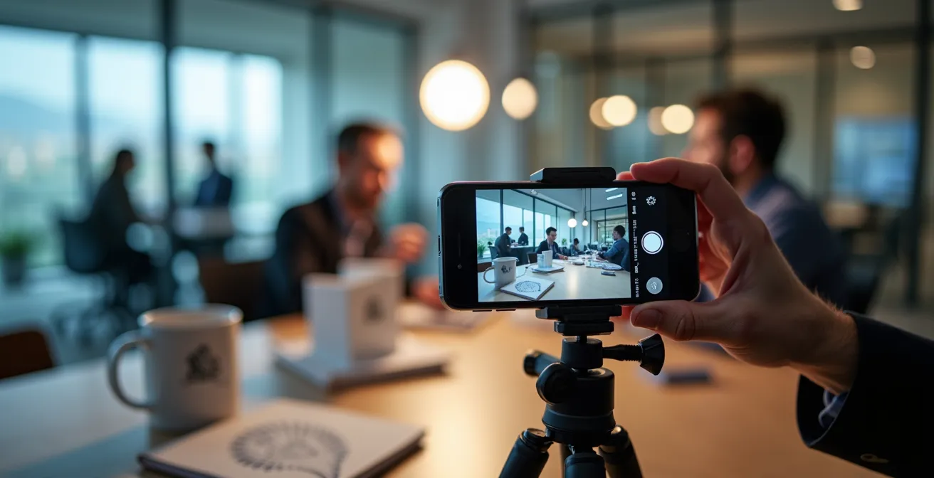 Profesional grabando contenido empresarial con smartphone en oficina moderna