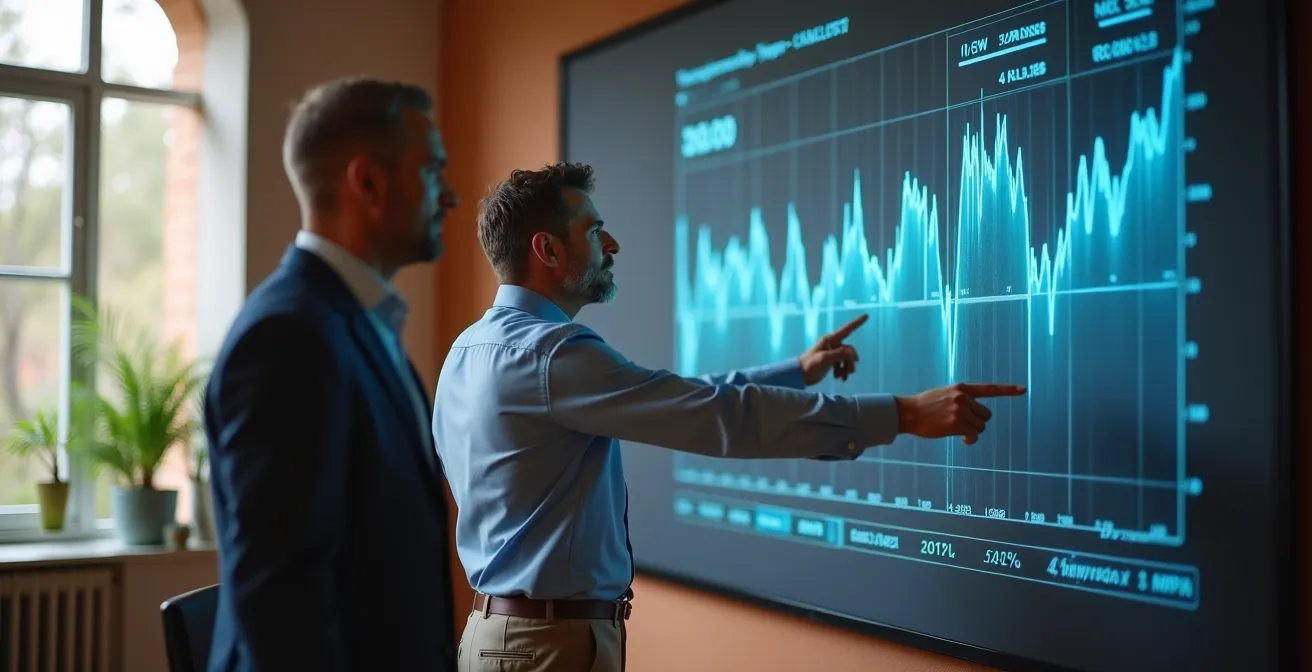 Oficina moderna española con ejecutivos revisando gráficos económicos proyectados en pared sin texto visible