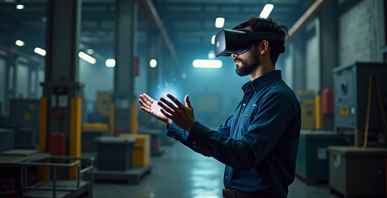 Empleado usando gafas VR en simulación de formación empresarial