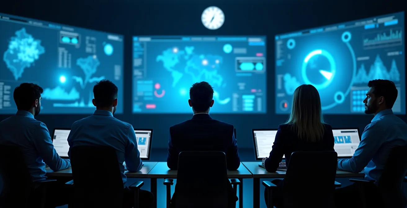 Equipo de un gabinete de crisis digital monitorizando en tiempo real la evolución de una polémica en redes sociales desde una sala de control.
