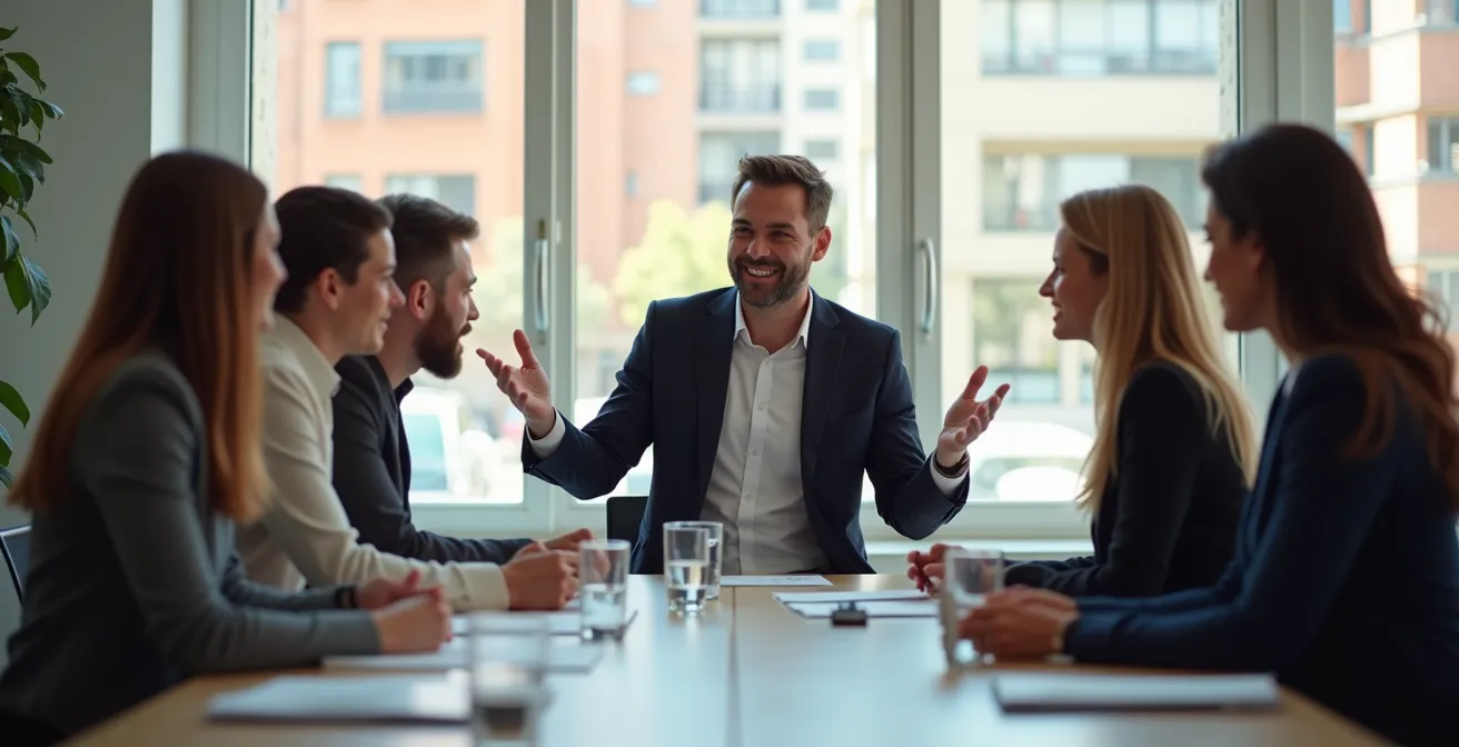 Gerente profesional dirigiendo reunión estratégica con equipo en empresa española