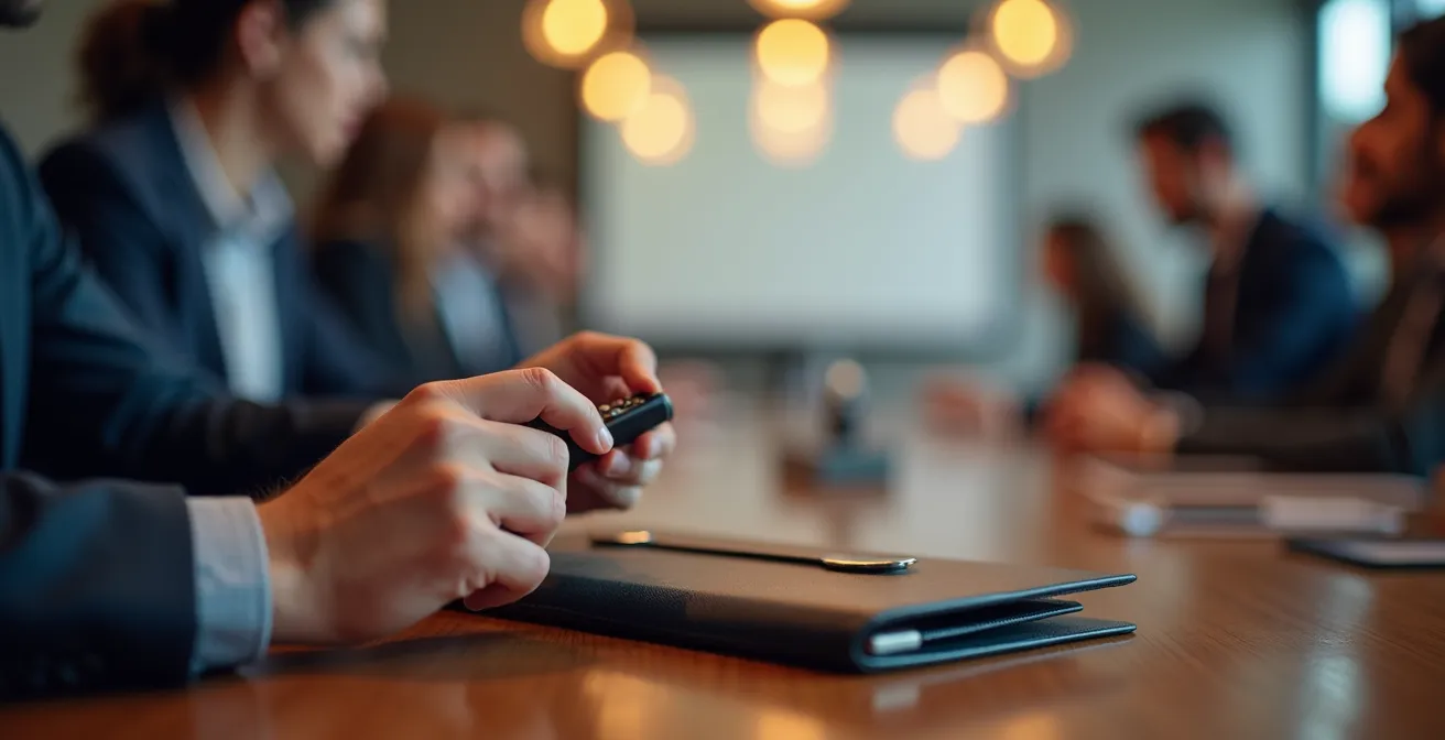 Ingeniero técnico presentando con confianza ante directivos en una sala de reuniones española moderna
