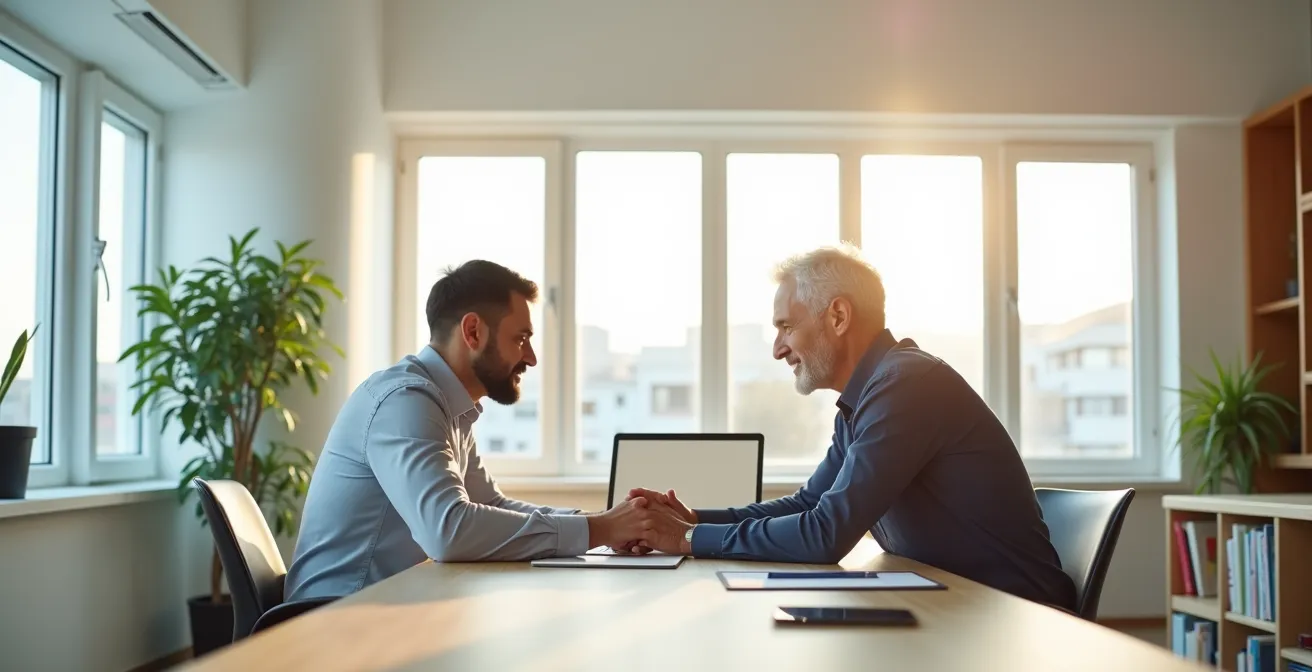 Profesional senior y junior colaborando en proyecto digital