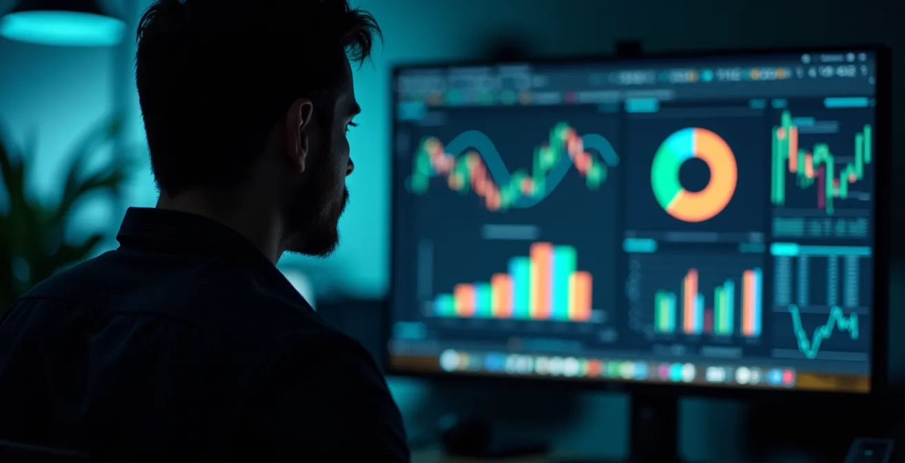Pantalla de análisis de datos vista desde atrás con reflejos abstractos de gráficos sin números legibles