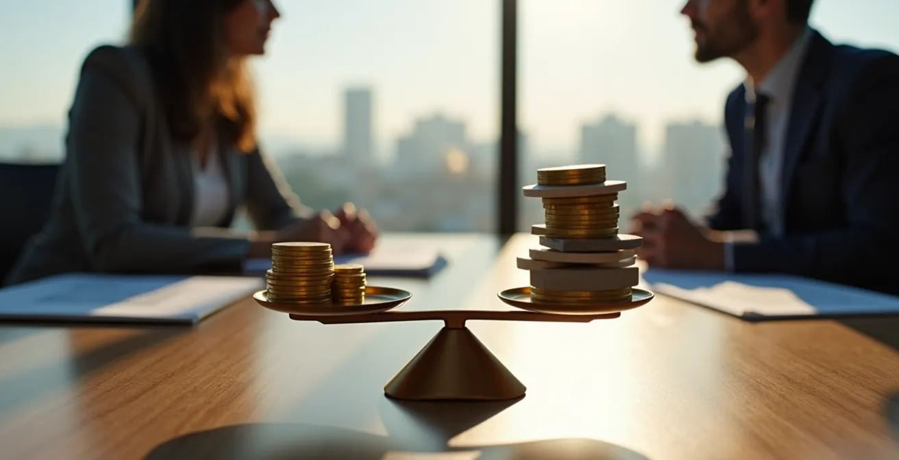 Profesional defendiendo el valor del producto ante cliente en oficina española