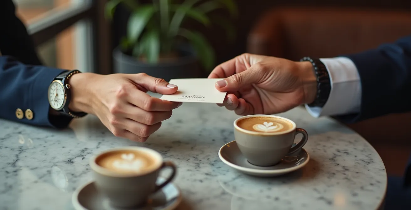 Encuentro informal de negocios entre profesionales españoles en una cafetería de Madrid