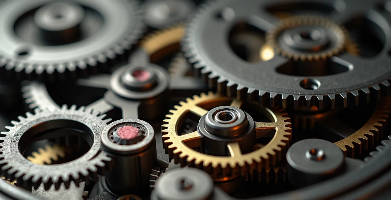 Vista macro de engranajes y sistemas mecánicos representando la precisión en procesos