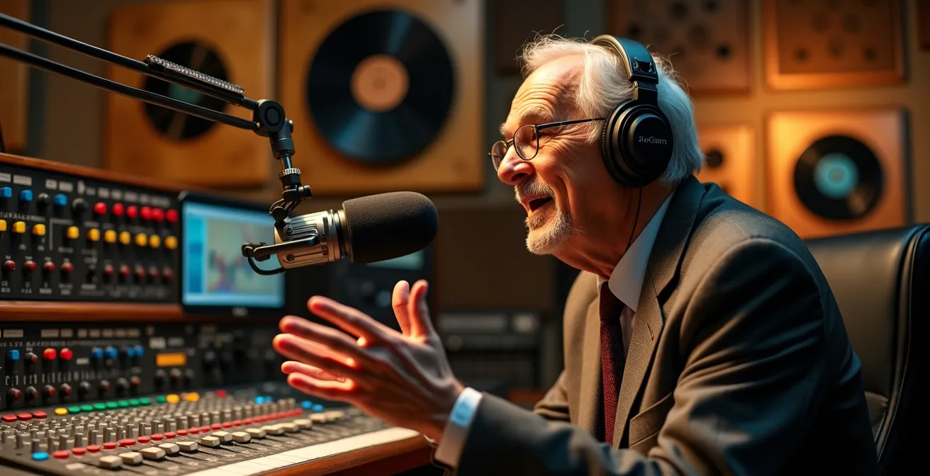 Estudio de radio profesional con locutor y equipo de grabación vintage