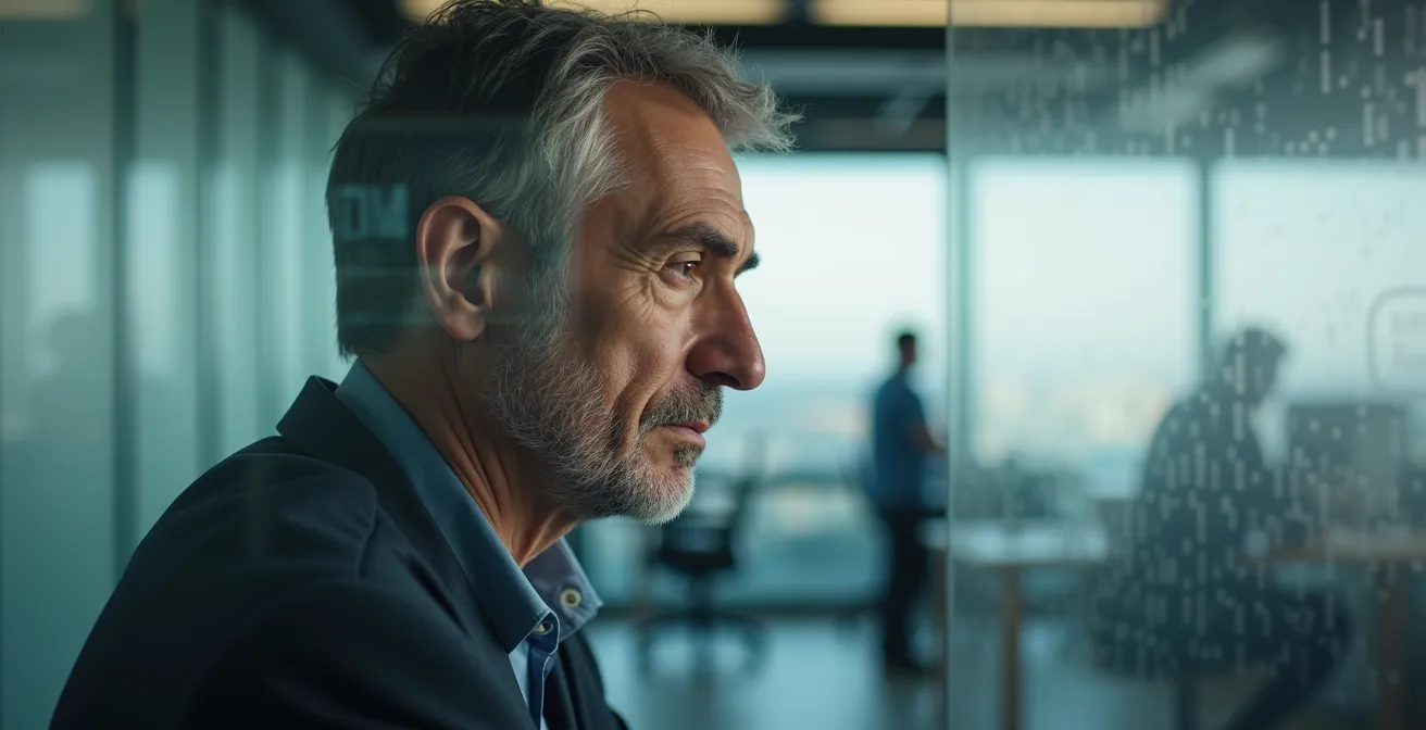 Retrato íntimo de manager de mediana edad mirando pensativo a través de cristal esmerilado de oficina, reflejando la dualidad entre directivos y empleados base