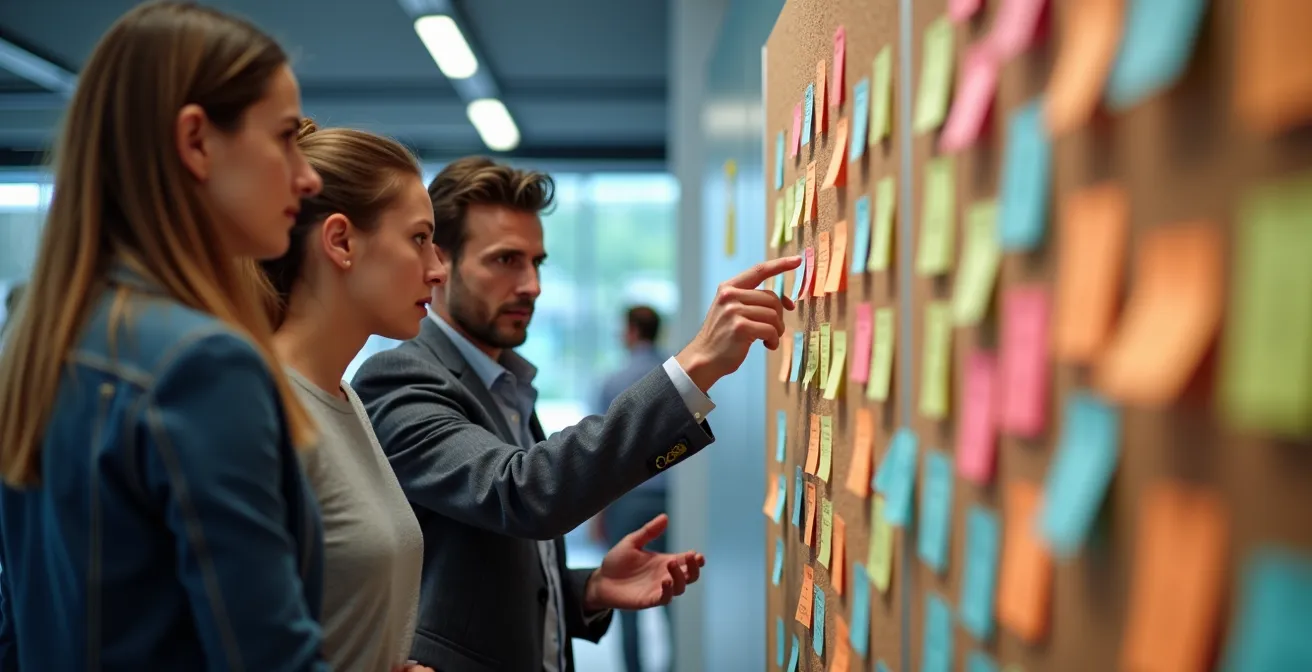 Profesionales de pie frente a tablero Kanban físico con notas adhesivas de colores