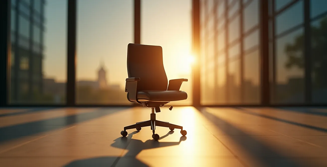 Composición simbólica con silla de director vacía en primer plano y edificio corporativo moderno difuminado al fondo, representando la transición del liderazgo personal al institucional