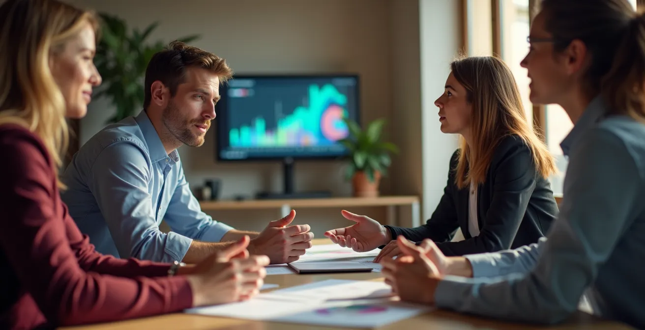 Equipo diverso analizando gráficos proyectados en pared durante reunión colaborativa