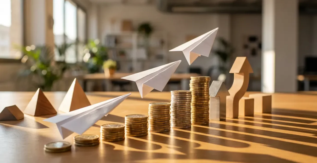 Vista simbólica de gráficos ascendentes y elementos de éxito empresarial