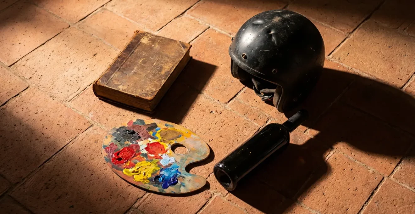 Composición simbólica mostrando diferentes arquetipos empresariales españoles como un libro antiguo para el Sabio y un casco de moto para el Héroe.