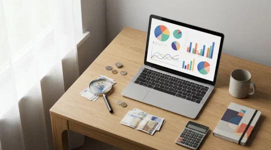 Vista cenital de un escritorio con dashboard analítico mostrando métricas y gráficos de Google Ads