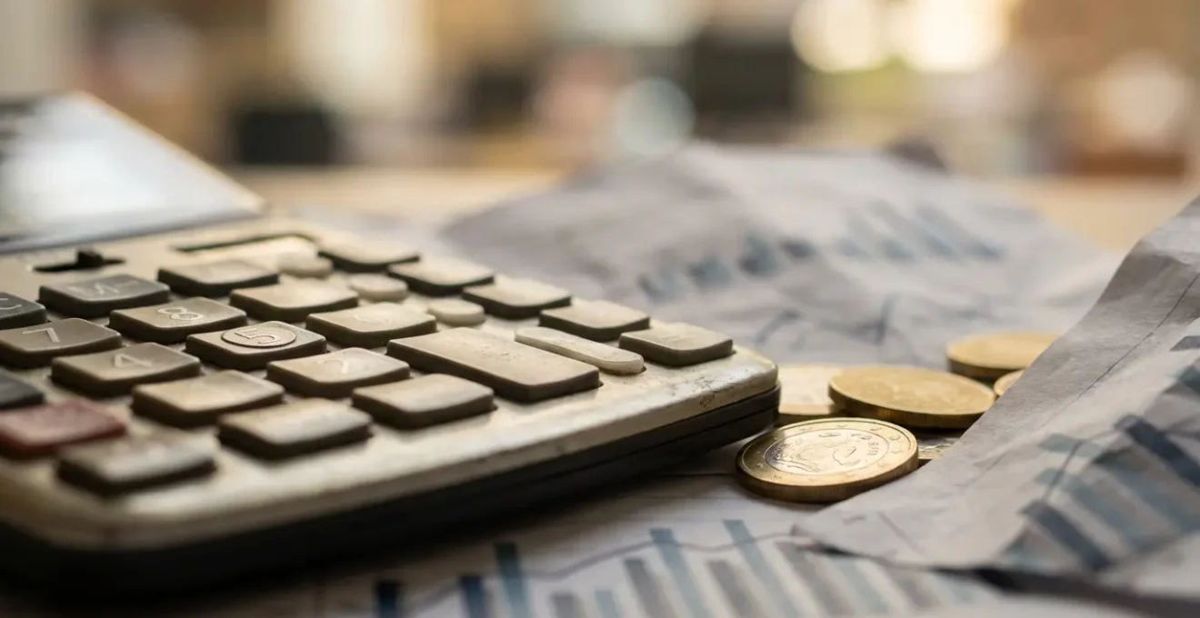 Vista macro de calculadora y documentos financieros mostrando cálculos de formación empresarial