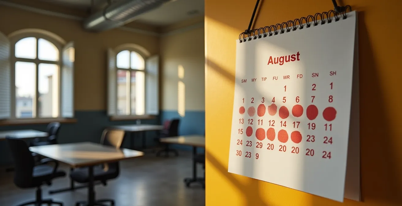 Calendario de pared español mostrando agosto con días marcados y oficina mediterránea vacía al fondo