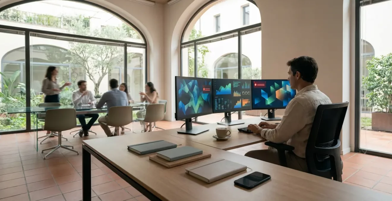 Community manager gestionando múltiples pantallas en oficina moderna con ambiente profesional