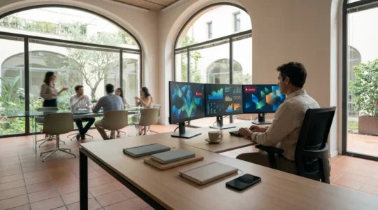 Community manager gestionando múltiples pantallas en oficina moderna con ambiente profesional