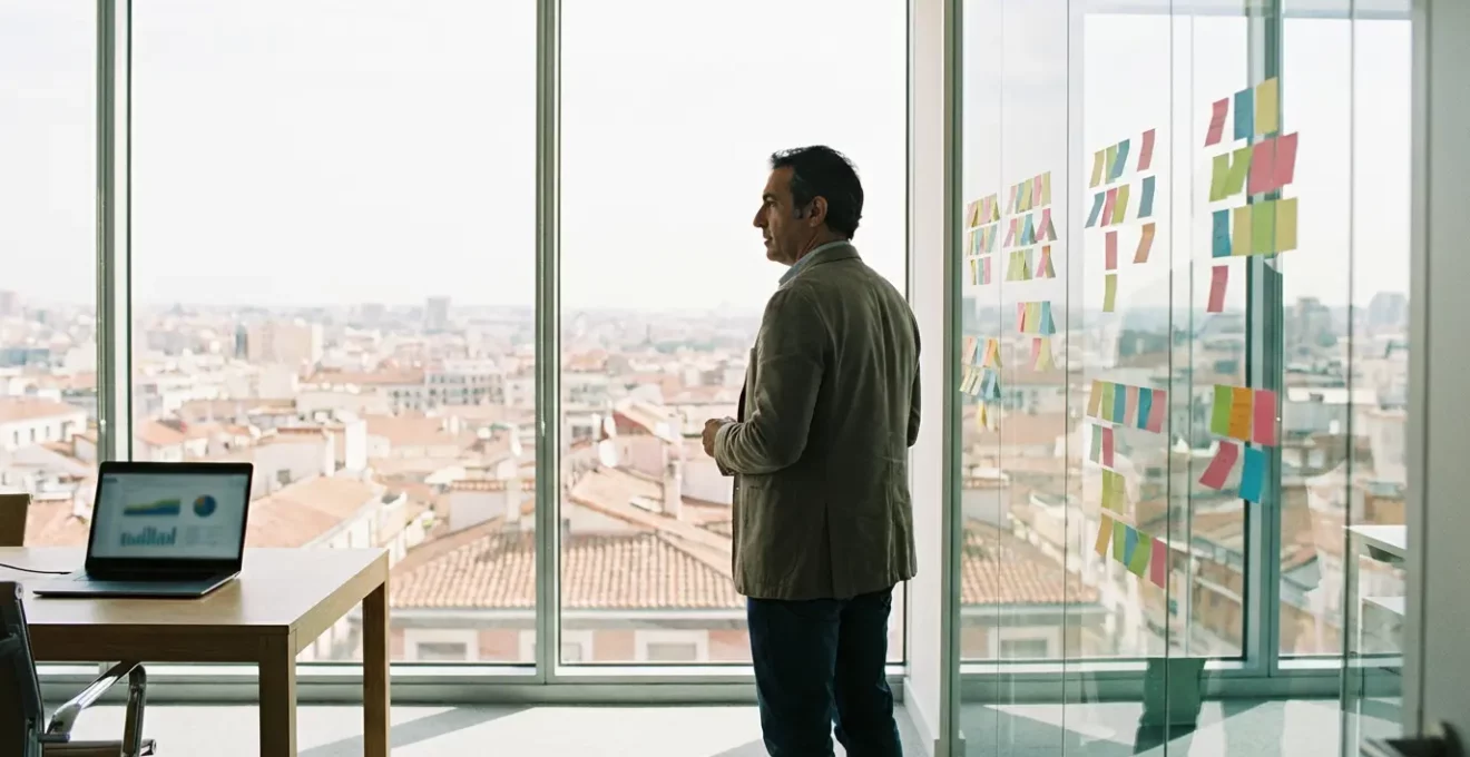 CEO de pyme española preparando estrategia de comunicación en oficina moderna de Madrid