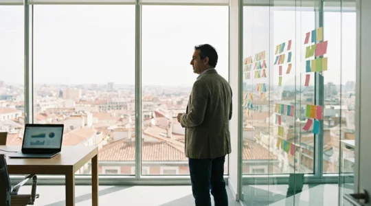 CEO de pyme española preparando estrategia de comunicación en oficina moderna de Madrid