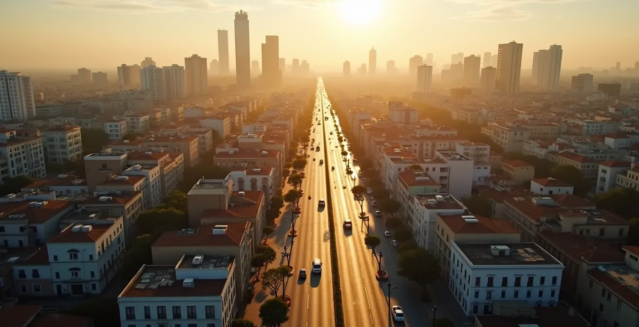 Vista aérea de una ciudad mostrando el contraste entre zona empresarial moderna y barrios tradicionales
