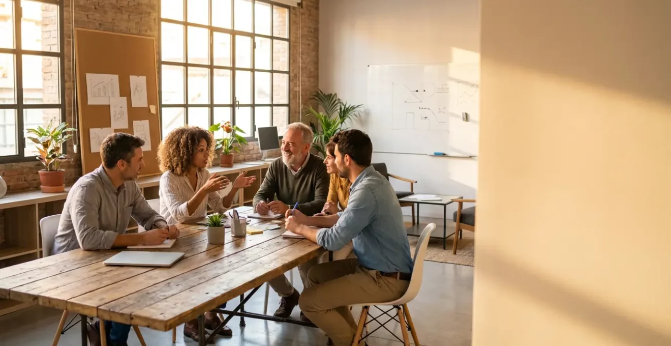 Equipo diverso de trabajadores españoles compartiendo ideas en espacio abierto de oficina moderna sin mesas de ping-pong