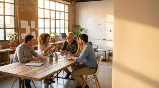 Equipo diverso de trabajadores españoles compartiendo ideas en espacio abierto de oficina moderna sin mesas de ping-pong