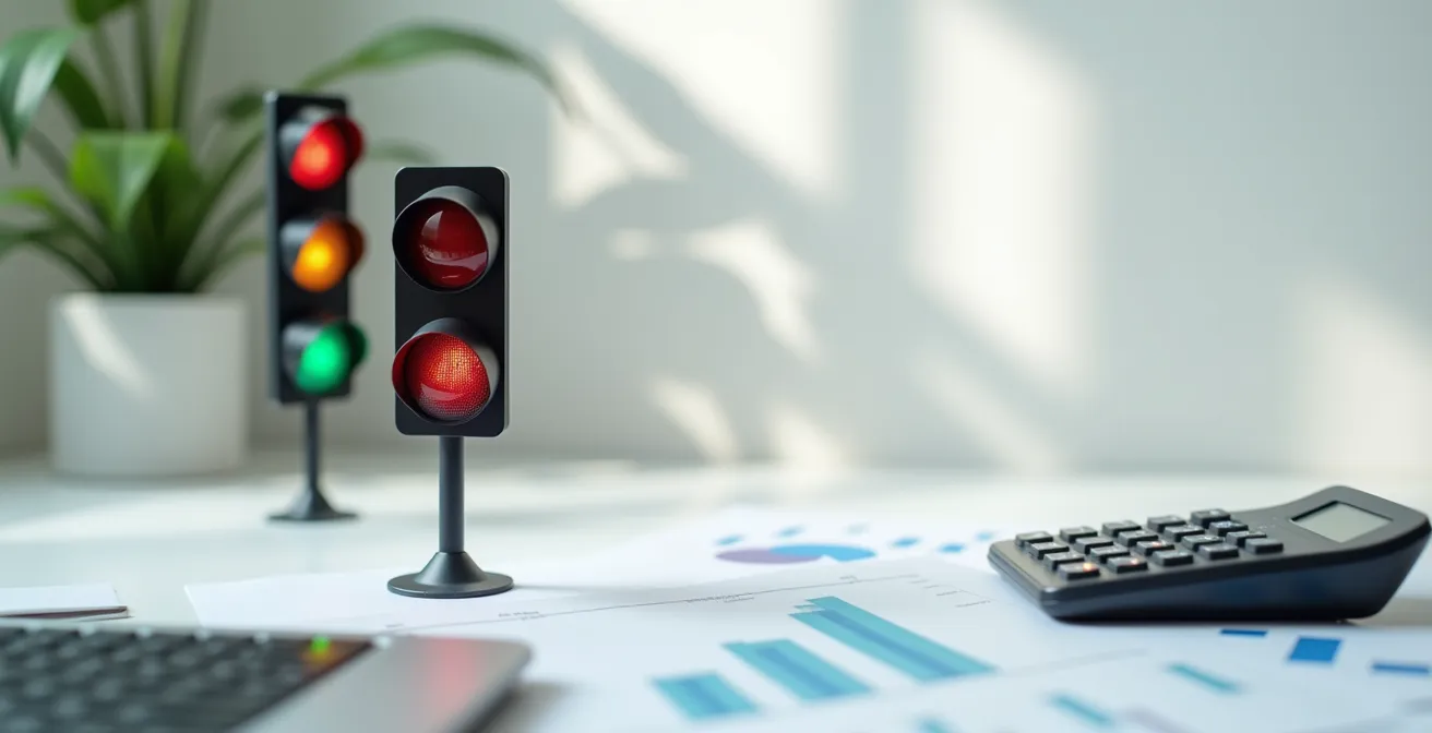 Panel de control visual con indicadores de margen de proyecto en colores verde, ámbar y rojo