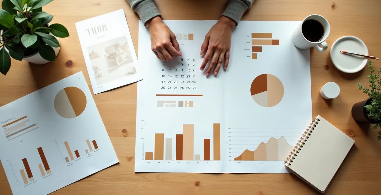 Vista aérea minimalista de escritorio con calendario, gráficos impresos y taza de café durante sesión de revisión estratégica