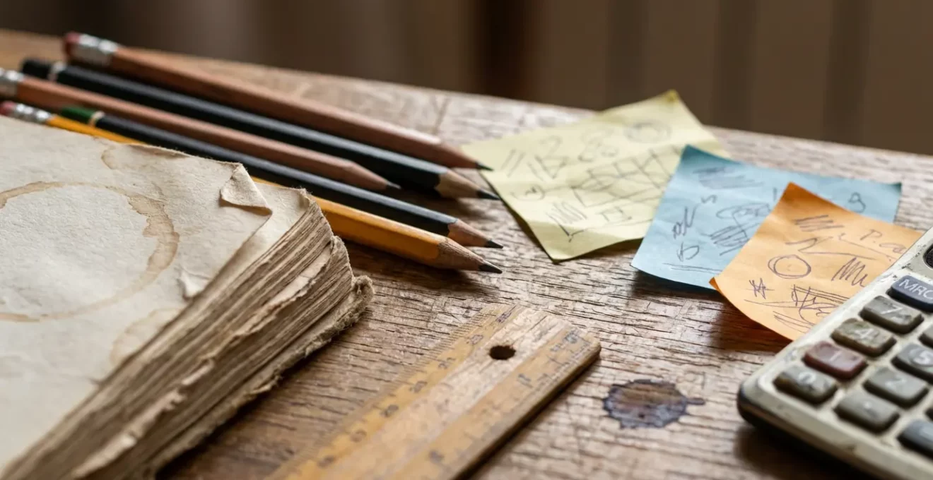 Vista macro de herramientas de análisis tradicionales y post-its con decisiones de pivote en mesa de trabajo