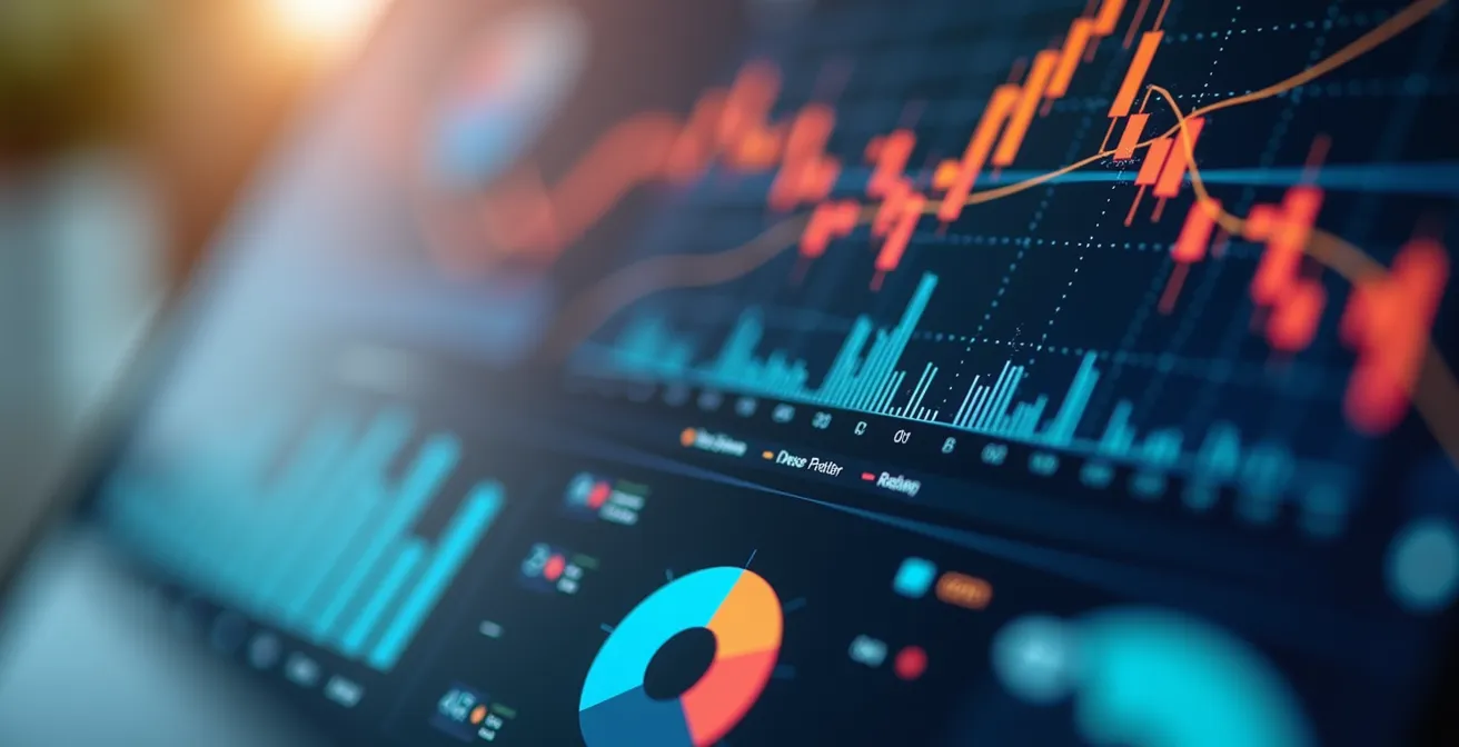 Vista macro detallada de una pantalla mostrando gráficos coloridos de análisis de negocio con enfoque selectivo en los elementos visuales