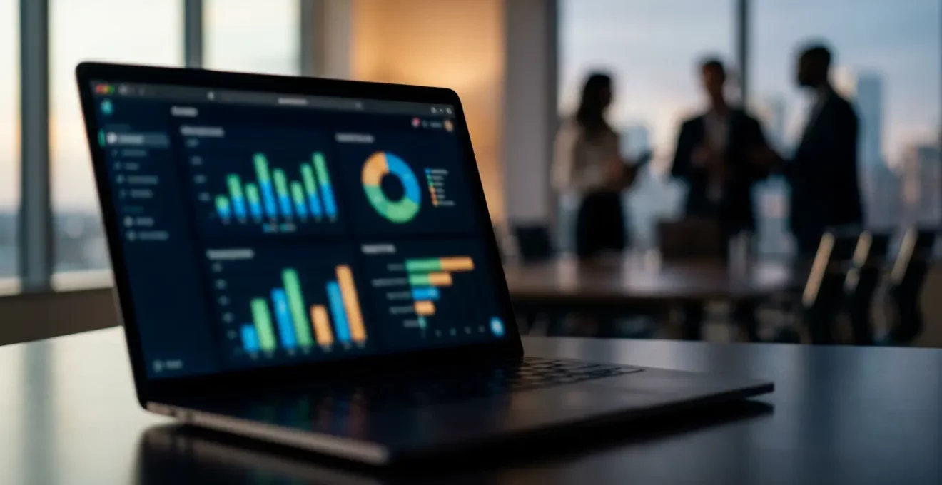 Vista de pantalla mostrando gráficos coloridos de KPIs empresariales sin datos legibles