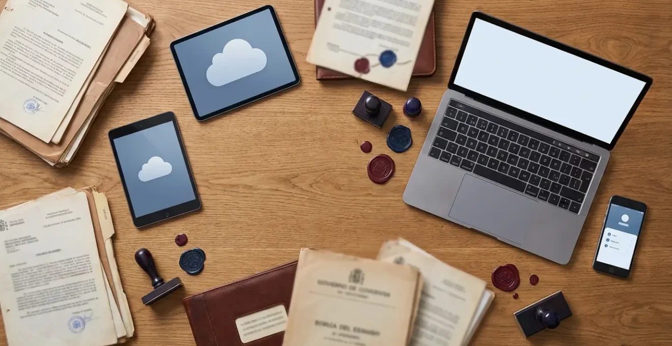 Mesa de trabajo con documentación oficial y sellos administrativos españoles