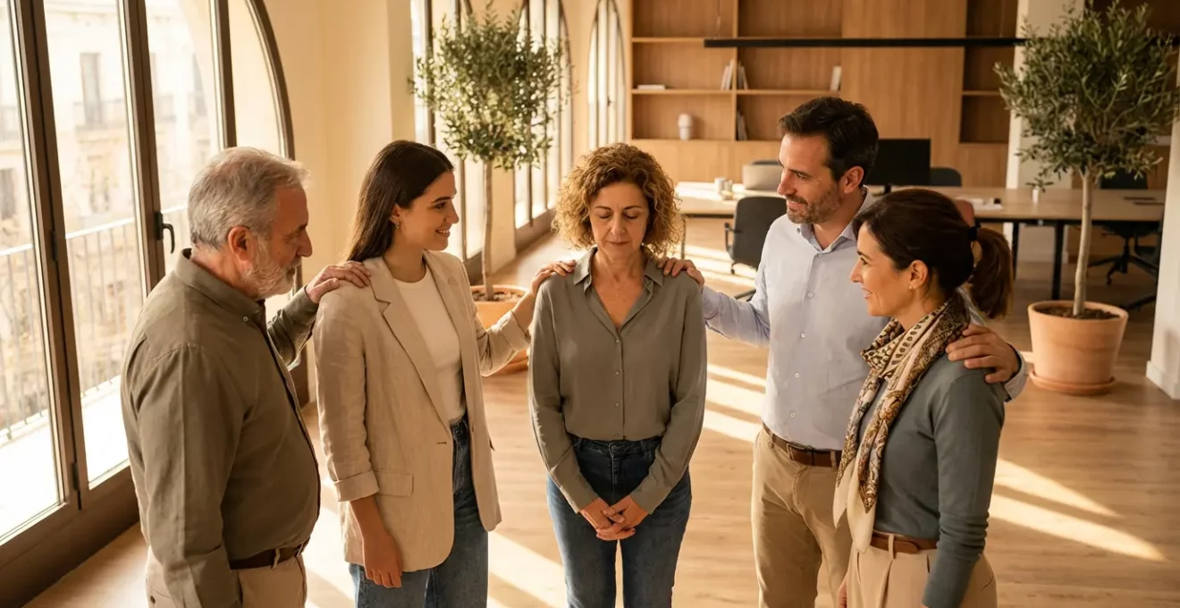 Grupo diverso de profesionales en círculo mostrando apoyo mutuo y cohesión