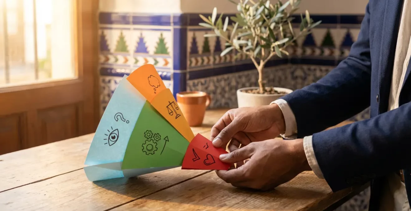 Embudo de conversión visualizado con elementos físicos en degradado